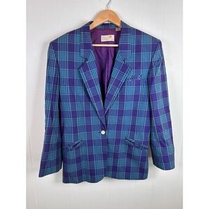 Vintage‎ 80s Liz Claiborne Purple Teal Blue Plaid Size 10 Blazer Jacket Women's